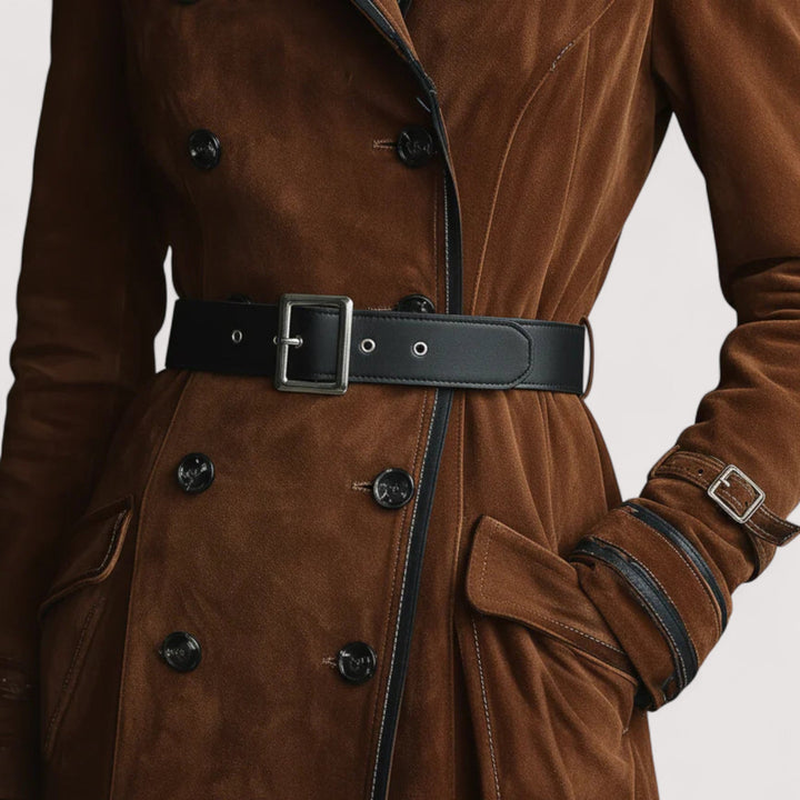 Siona | Dugački kaput s dvostrukim kopčanjem s detaljima od brušene kože i crnim rubovima