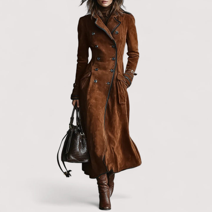 Siona | Dugački kaput s dvostrukim kopčanjem s detaljima od brušene kože i crnim rubovima