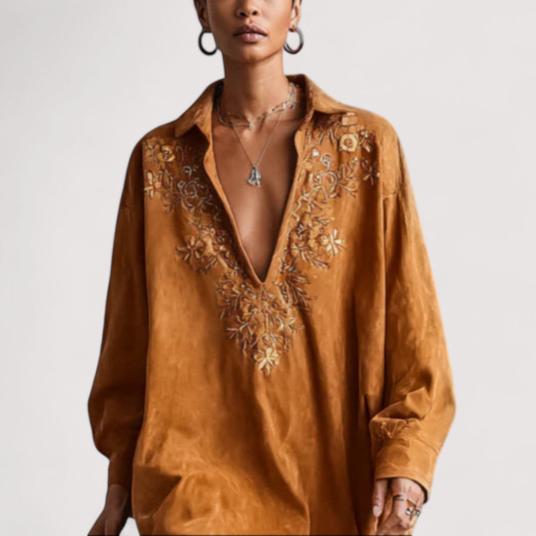 Isola | Opuštena midi haljina s ovratnikom na V-izrez i dugim rukavima s printom