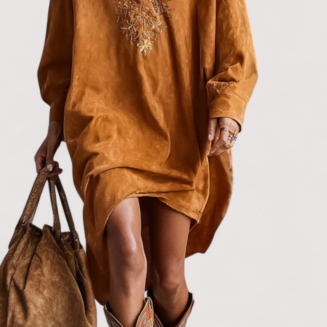 Isola | Opuštena midi haljina s ovratnikom na V-izrez i dugim rukavima s printom