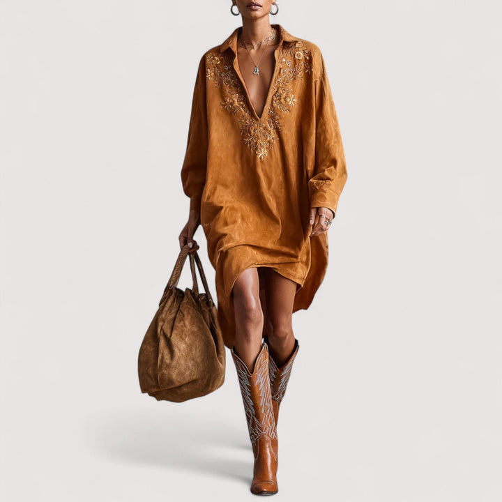 Isola | Opuštena midi haljina s ovratnikom na V-izrez i dugim rukavima s printom