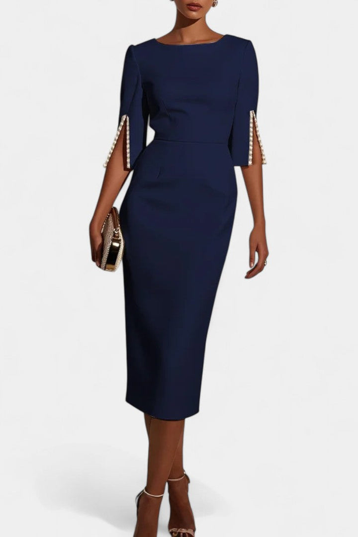 Vesna Midi Haljina s Bisernim Detaljima i Okruglim Izrezom