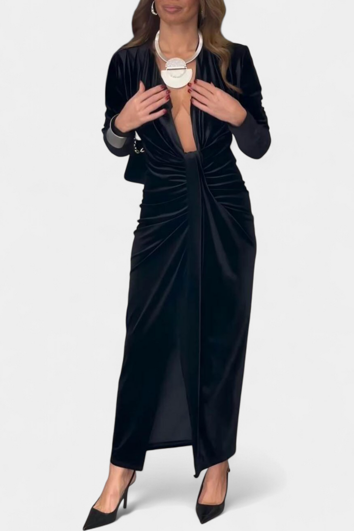 Vilma Duga Haljina od Zlatnog Baršuna s V-Izrezom