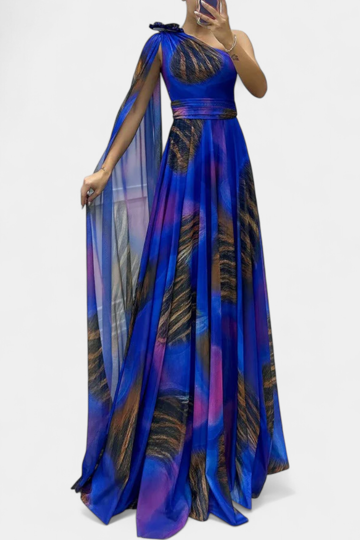 Nives Haljina Duga s Jednim Ramenom s Cvjetnim Detaljem